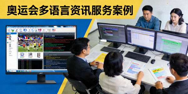 奥运会多语言资讯服务案例封面 - 多语种界面与翻译团队工作照